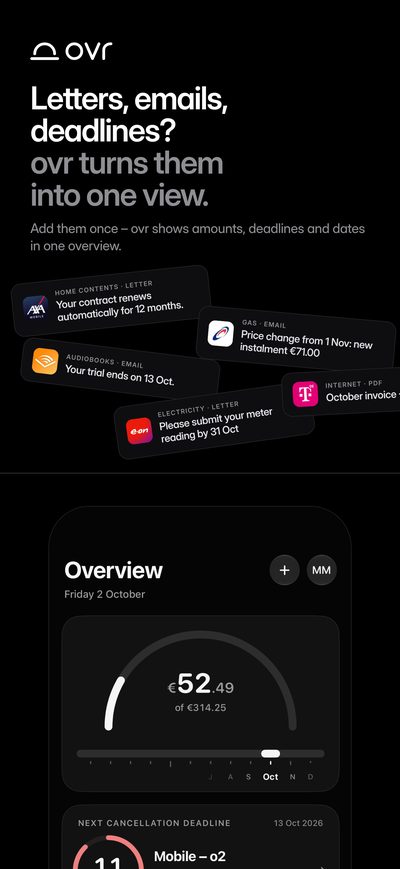 “Letters, emails, deadlines? ovr turns them into one view.” Scattered letters and emails about deadlines and price changes at the top, below them ovr’s calm Overview with the month arc and the next cancellation deadline.