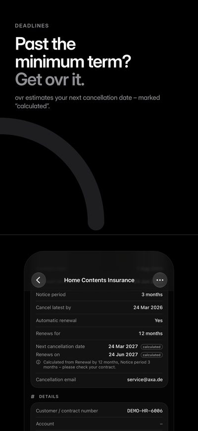 “Past the minimum term? Get ovr it.” The detail view of a home contents insurance policy with the next cancellation date, marked “calculated”.