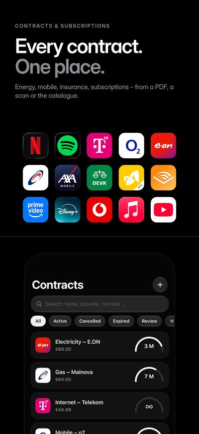 “Every contract. One place.” Logos of streaming, mobile, energy and insurance providers above ovr’s contract list.