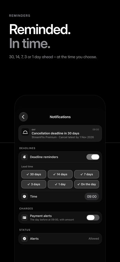 “Reminded. In time.” The reminder settings: 30, 14, 7, 3 or 1 day before a deadline, at the time you choose.