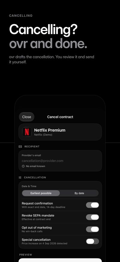 “Cancelling? ovr and done.” A prepared cancellation draft for a streaming subscription – you review it and send it yourself.