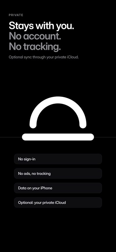 “Stays with you. No account. No tracking.” The ovr mark on the horizon line and four points: no sign-in, no ads and no tracking, data on your iPhone, optional private iCloud.